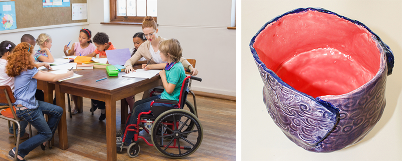 Image of students working together with instructor around a tableand an image of a student pottery