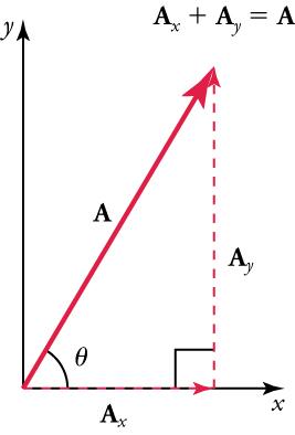 Vectors A, Ax, and Ay are shown. The vector A, with its tail at the origin of an x, y-coordinate system, is shown together with its x- and y-components, Ax and Ay. These vectors form a right triangle. The formula Ax plus Ay equals A is shown above the vectors.