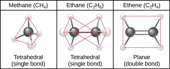 Methane, the simplest hydrocarbon, is composed of four hydrogen atoms surrounding a central carbon. The bond between the four hydrogen atoms and the central carbon spaced as far apart as possible. This results in a tetrahedral shape with hydrogen atoms projecting upward and off to three sides around the central carbon. Ethane is composed of two carbons connected by a single bond. Each carbon also has three hydrogen atoms connected to it. The hydrogens are spaced as far apart from each other and from the o