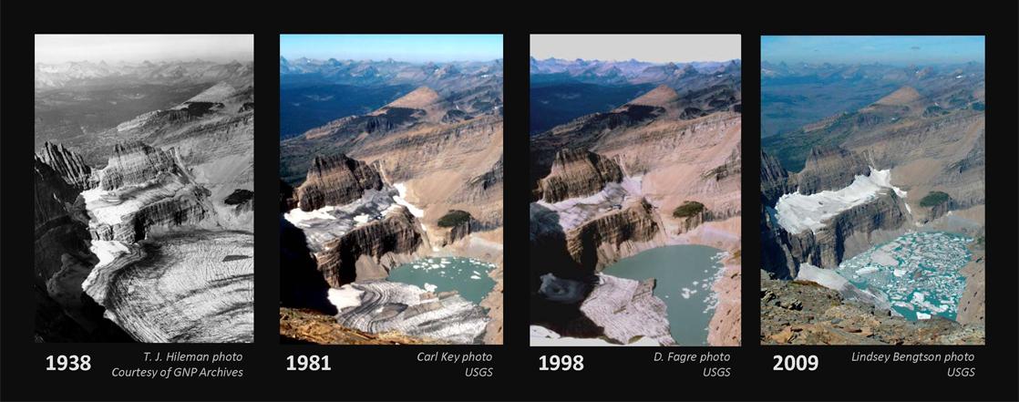 A series of photos shows the Grinnel Glacier in 1938, 1981, 1998 and 2009. In 1938, the lake beneath the glacier was completely frozen. In 1981, about one-third of the lake was thawed. In 1998, two-thirds of the lake was thawed. In 2009, it was covered with chunks of ice, but otherwise it was completely thawed. At the same time, the glacier itself has steadily receded.