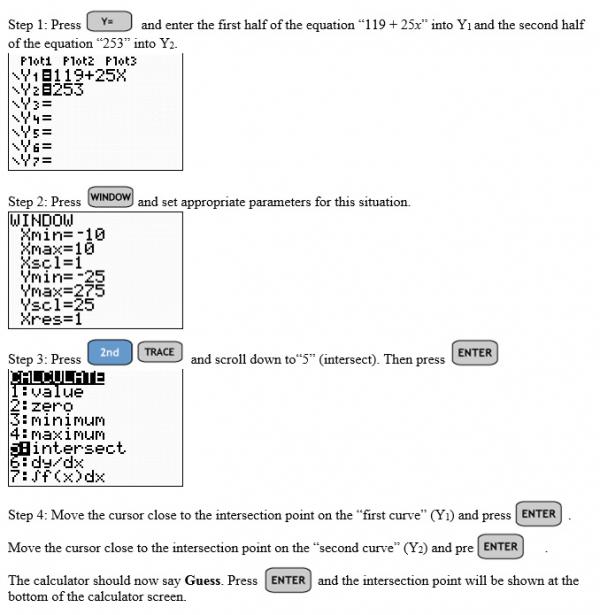 Examples of calculator view. Y =, window, and calculation menu